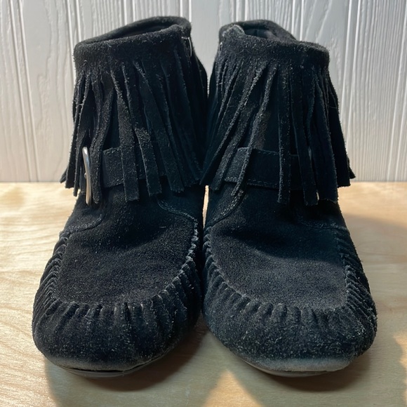 Born Thora Fringe Genuine Suede Ankle Bootie - Black - Picture 2 of 14